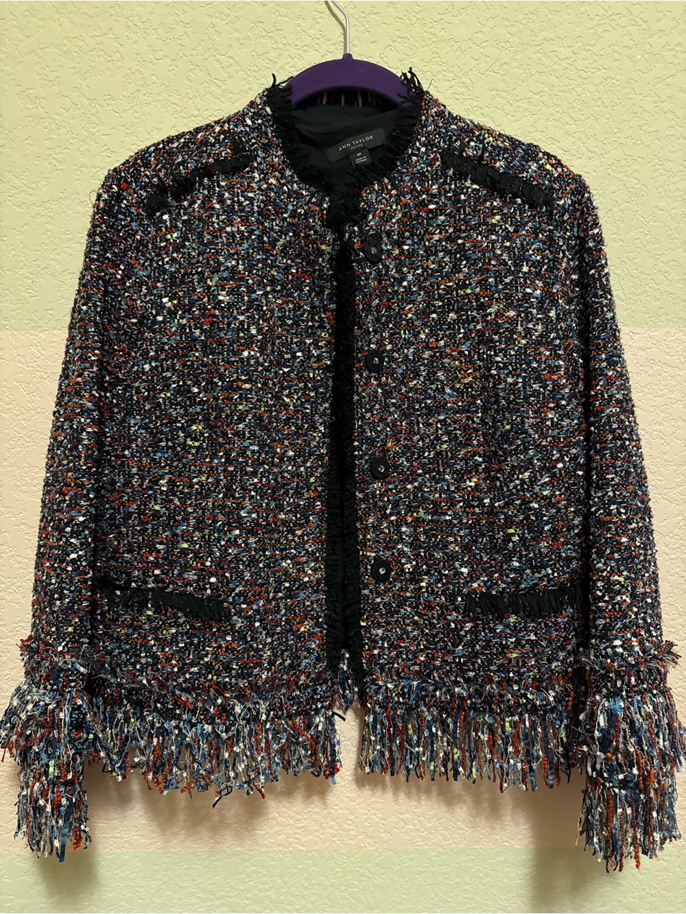 Ann Taylor Multicolor Tweed Fringe Jacket
